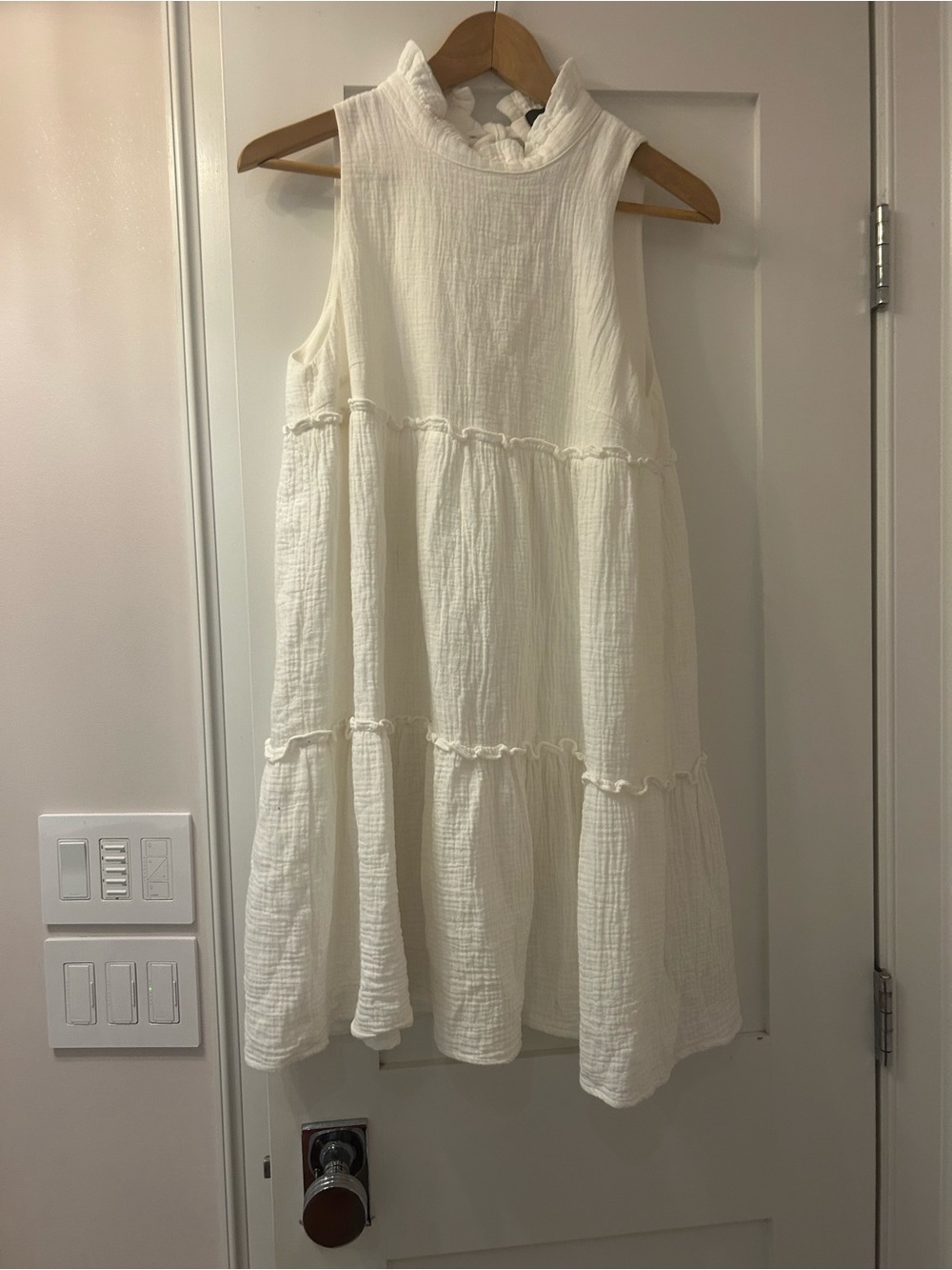 Pomander Place Cream Tiered Ruffle-Neck Sleeveless Dress